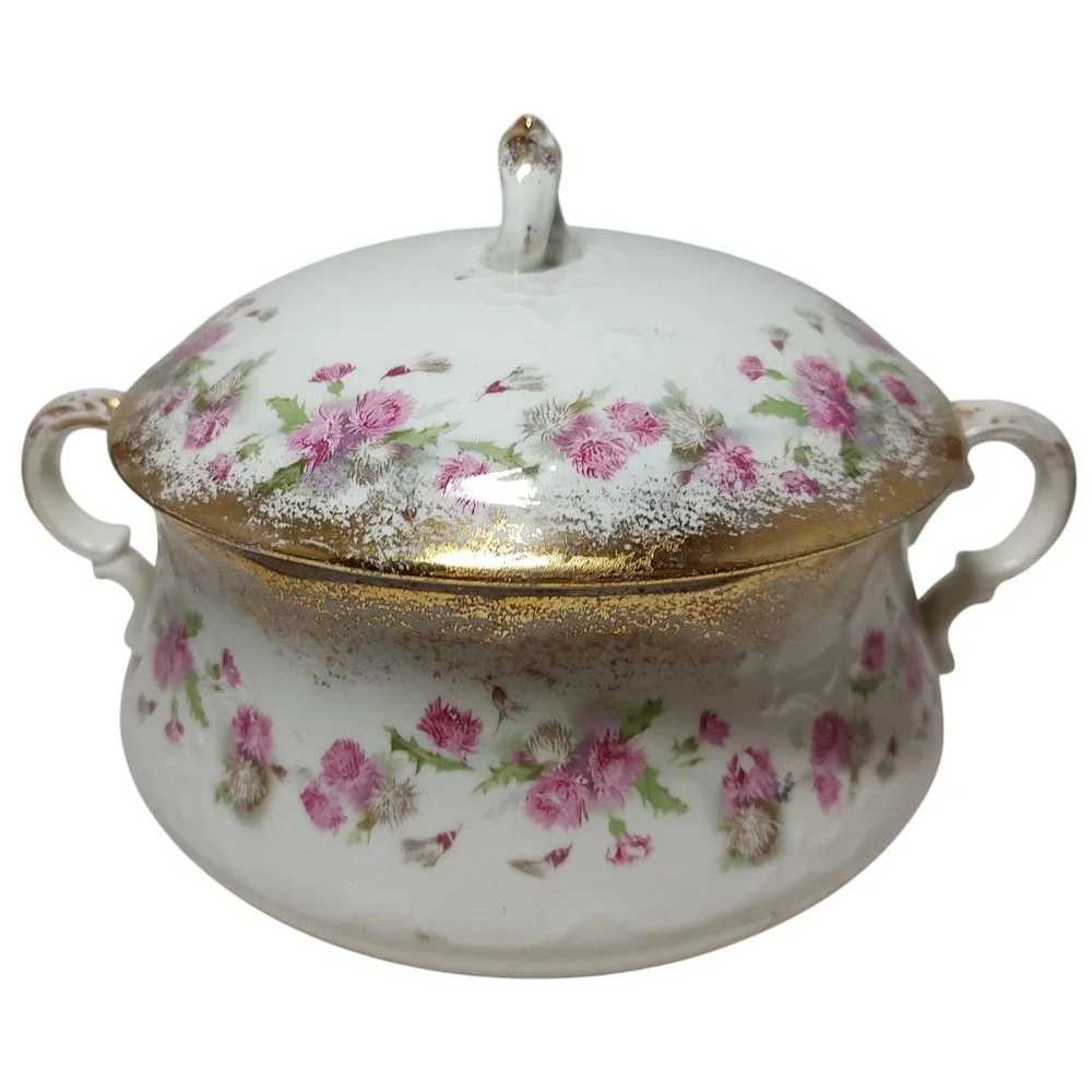 Antique MS‎ Floral Lidded Serving Dish Round Floral Gold Trim Semi Porcelain SEE